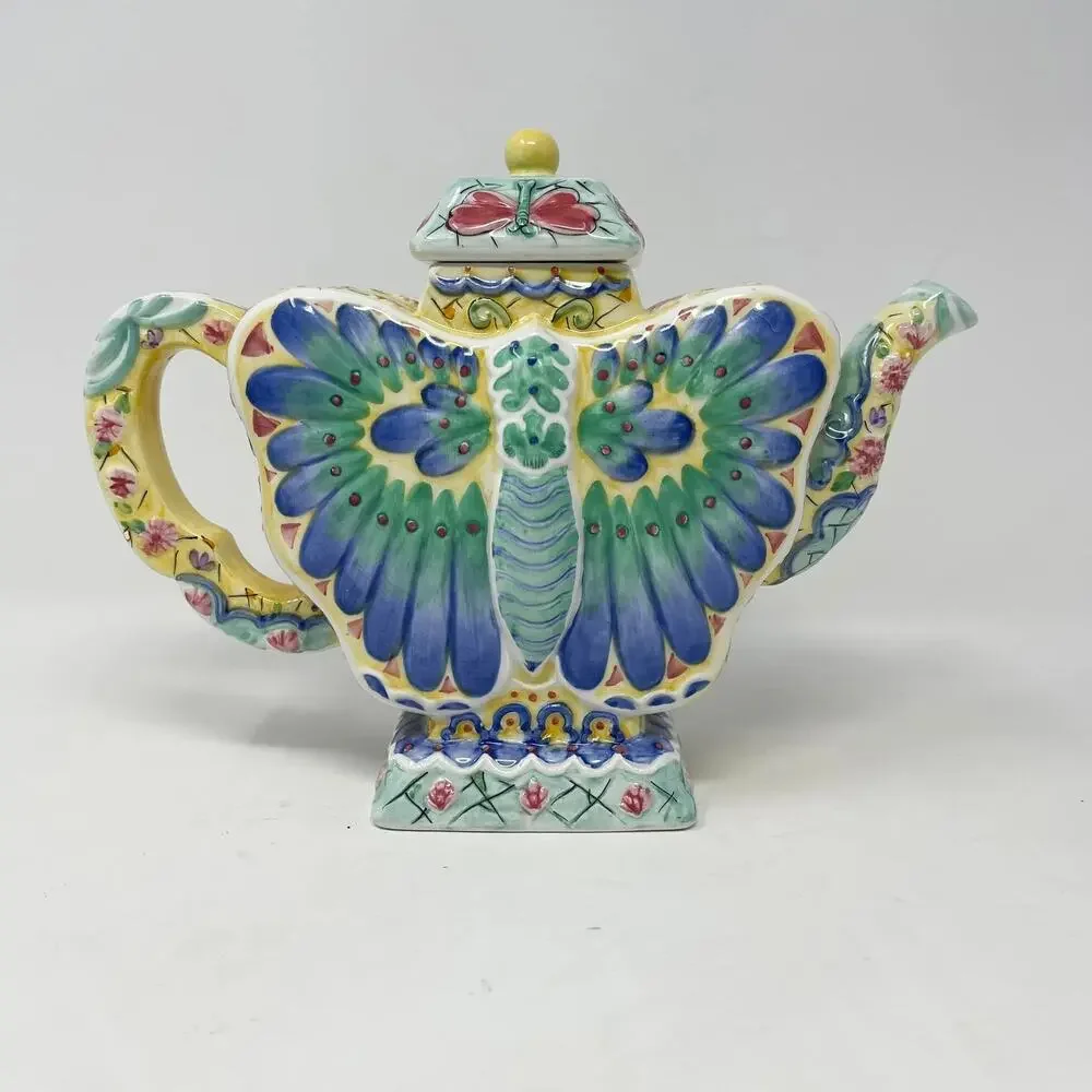VTG Butterfly‎ Decorative Teapot Yellow Green Blue Hand Painted Ceramic